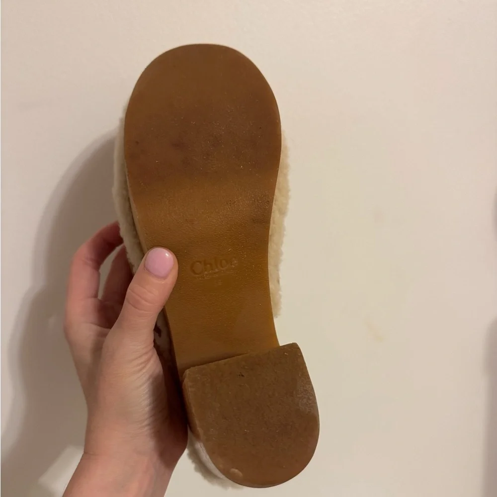 🤎SOLD🤎Chloe Joy Suede & Shearling Caramel Cognac Block Heel Clogs Size 39 EU - Picture 6 of 11